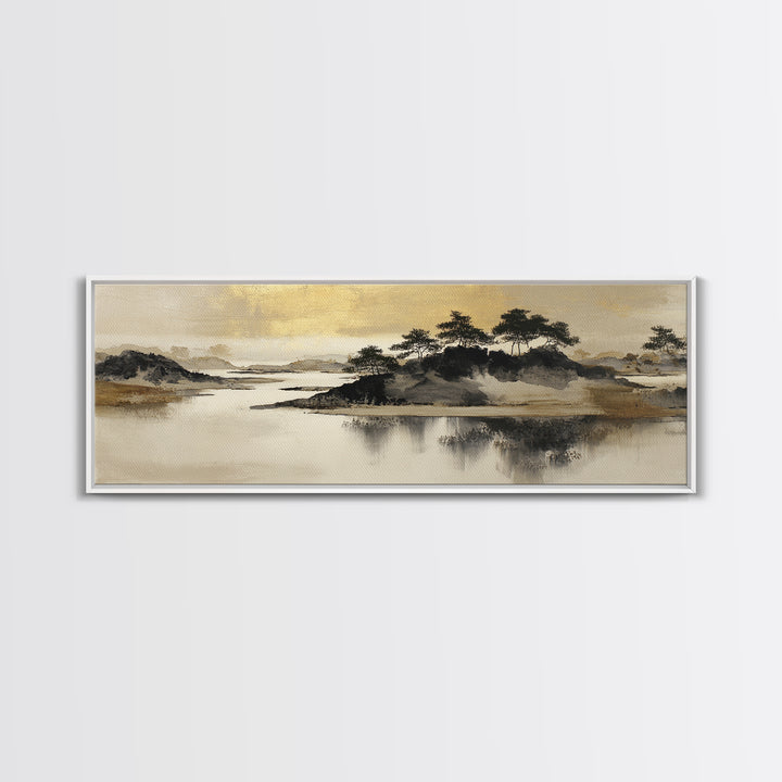 Japanese Ink Landscape Canvas Print, Hotel Art, Art Deco, Hotel Decor, Boutique, Minimalist Wall Art, Gallery Wall Art, HOT-3x1-34