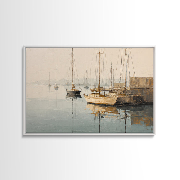 Quiet Harbor with Sailboats at Dawn Framed Canvas Print, Hotel Art, Mid Century Modern, Hotel Decor, Fine Art, Boutique, HOT-3x2-2