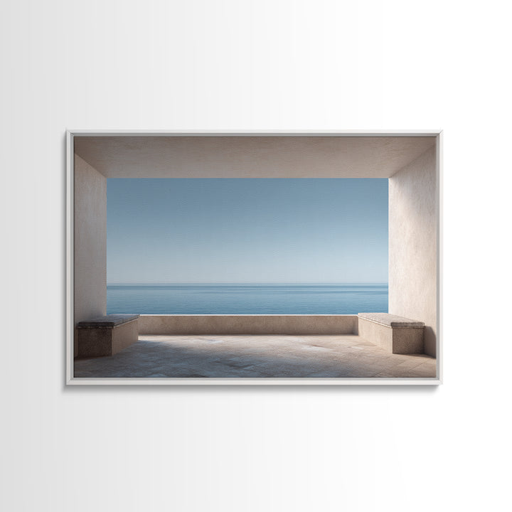 Mediterranean Terrace View Focused on Sea and Framed Canvas Print, Hotel Art, Contemporary Art, Hotel Decor, Fine Art, Boutique, HOT-3x2-39