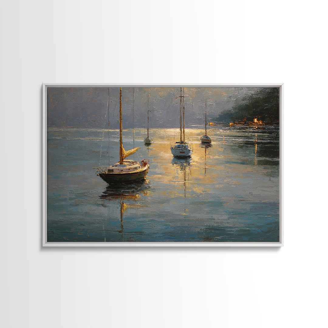 Quiet Harbor with Sailboats at Dawn Framed Canvas Print, Hotel Art, Coastal Wall Art, Hotel Decor, Oil Painting, Boutique, HOT-3x2-50