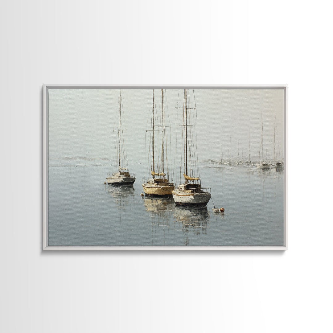 Quiet Harbor with Sailboats at Dawn Framed Canvas Print, Hotel Art, Coastal Wall Art, Hotel Decor, Oil Painting, Boutique, HOT-3x2-74