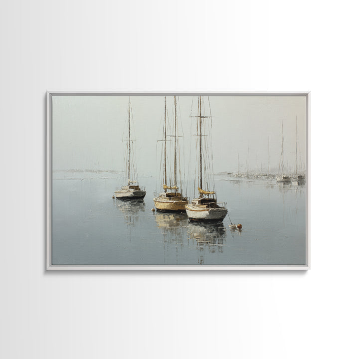 Quiet Harbor with Sailboats at Dawn Framed Canvas Print, Hotel Art, Coastal Wall Art, Hotel Decor, Oil Painting, Boutique, HOT-3x2-74