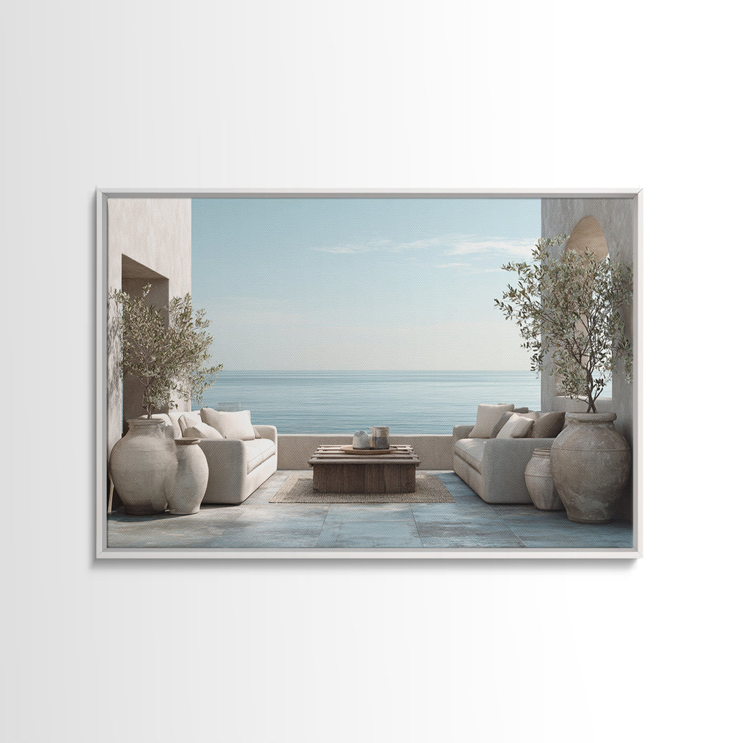 Mediterranean Terrace View Focused on Sea and Framed Canvas Print, Hotel Art, Poster, Hotel Decor, Fine Art, Boutique, HOT-3x2-87