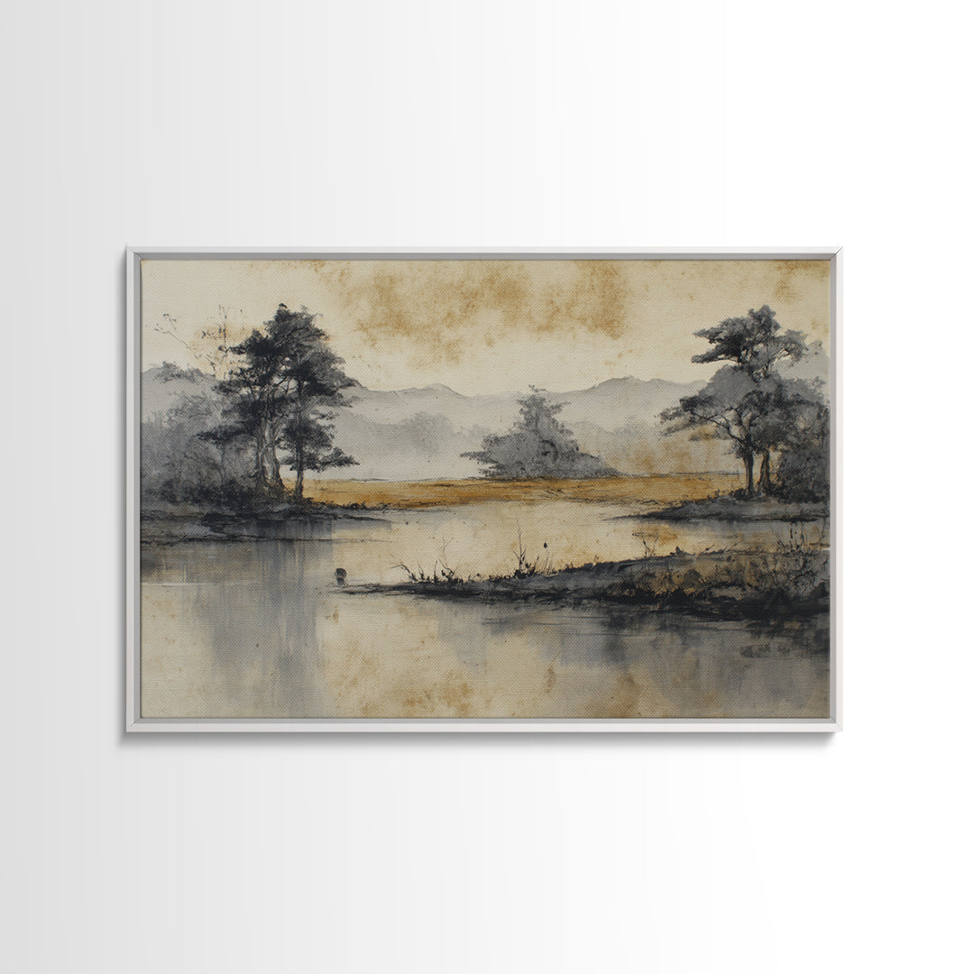 Japanese Ink Landscape Canvas Print, Hotel Art, Beach Prints, Hotel Decor, Fine Art, Boutique, Room Decor, Textured Painting, HOT-3x2-94