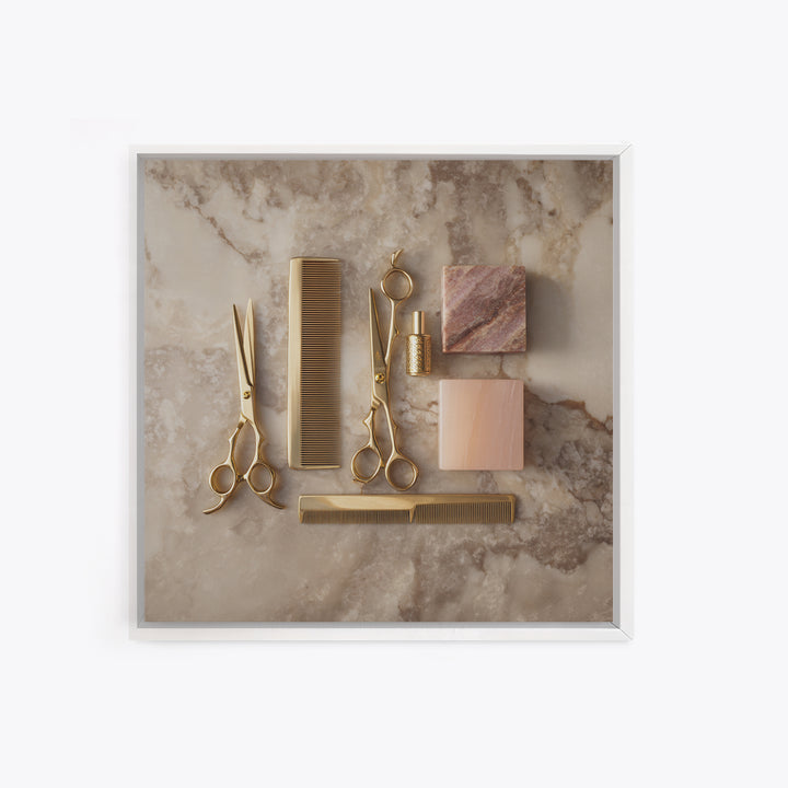 Gold Scissors and Comb Still Life on Framed Canvas Print, Hair Salon Art, Digital Download Art, Living Room Decor, Style, HSA-1x1-2