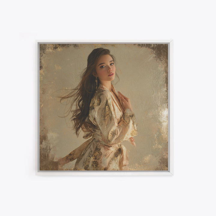 Fashion Portrait with Flowing Glossy Hair Canvas Print, Hair Salon Art, Neutral Decor, Living Room Decor, Oil Painting, Style, HSA-1x1-25