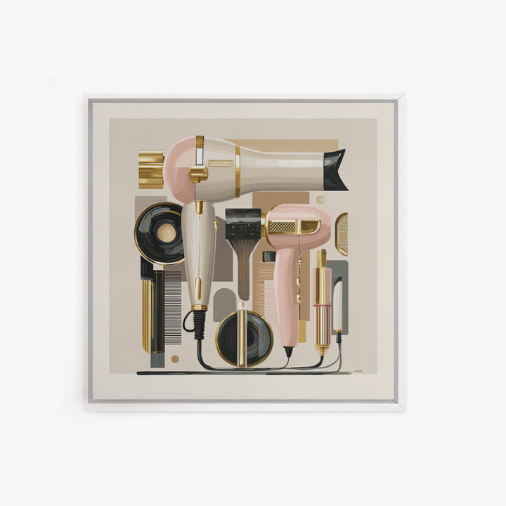 Hairdryer and Brush Framed Canvas Print, Hair Salon Art, Fine Art Print, Living Room Decor, Abstract Art, Style, Wall Decor, HSA-1x1-33