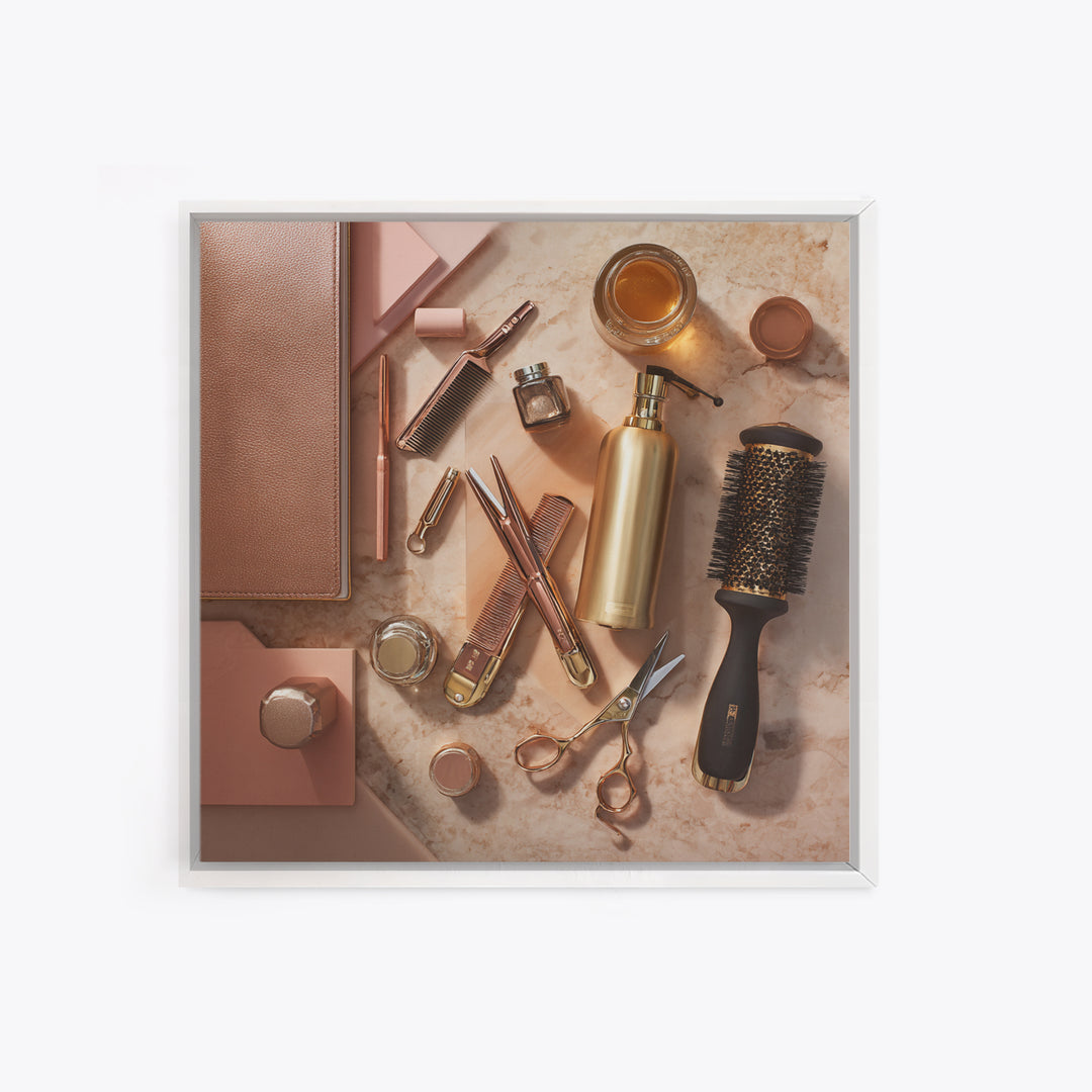 Rose Gold Salon Tool Still Life Framed Canvas Print, Hair Salon Art, Hairdresser Gift, Living Room Decor, Fine Art, Style, HSA-1x1-62