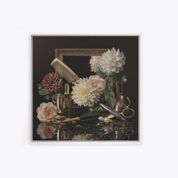 Baroque Mirror and Comb Still Life Framed Canvas Print, Hair Salon Art, Home Decor, Living Room Decor, Fine Art, Style, HSA-1x1-65