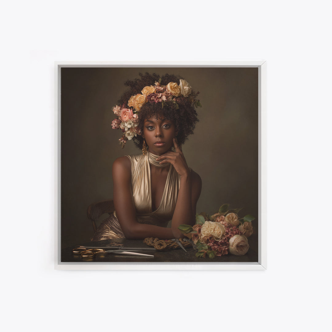 Afro Hair Portrait Framed Canvas Print, Hair Salon Art, Black Woman Wall Art, Living Room Decor, Oil Painting, Style, HSA-1x1-68