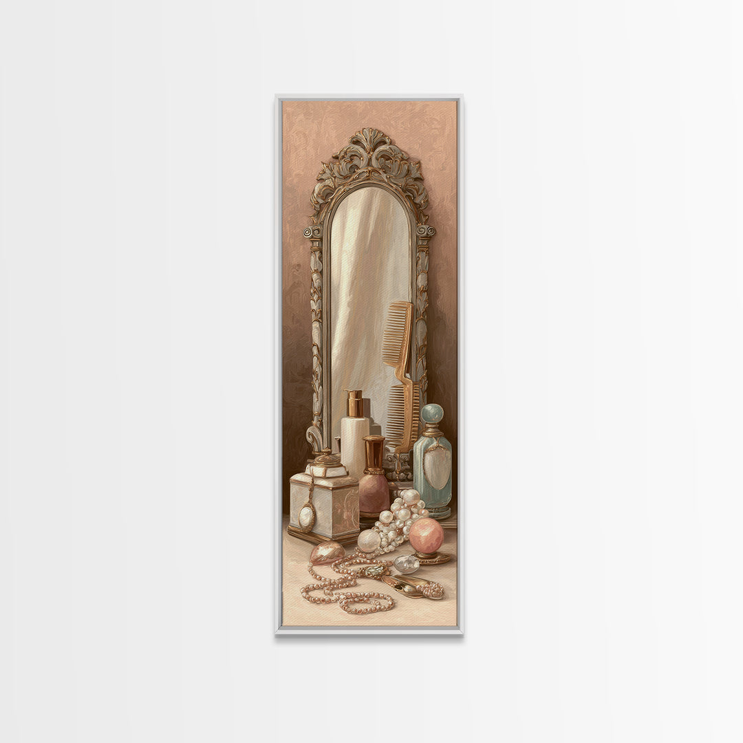 Baroque Mirror and Comb Still Life Framed Canvas Print, Hair Salon Art, Neutral Decor, Living Room Decor, Fine Art, Style, HSA-1x3-29