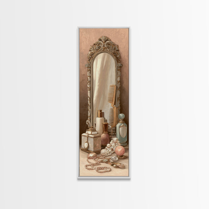 Baroque Mirror and Comb Still Life Framed Canvas Print, Hair Salon Art, Neutral Decor, Living Room Decor, Fine Art, Style, HSA-1x3-29