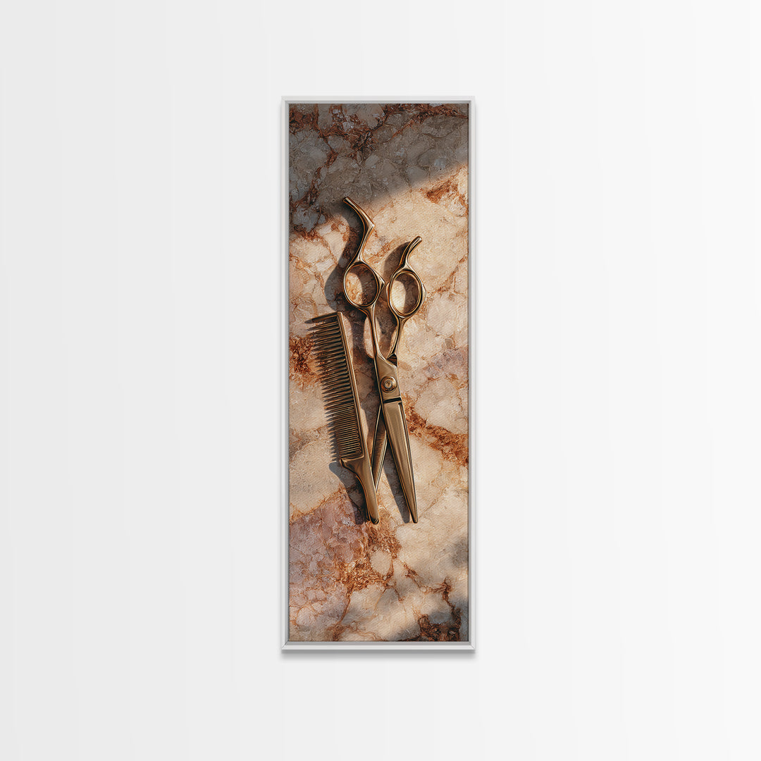 Gold Scissors and Comb Still Life on Canvas Print, Hair Salon Art, Salon Sign, Living Room Decor, Fine Art, Style, Luxury Decor, HSA-1x3-38