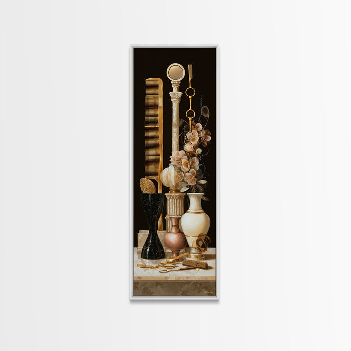 Baroque Mirror and Comb Still Life Framed Canvas Print, Hair Salon Art, Neutral Decor, Living Room Decor, Fine Art, Style, HSA-1x3-53
