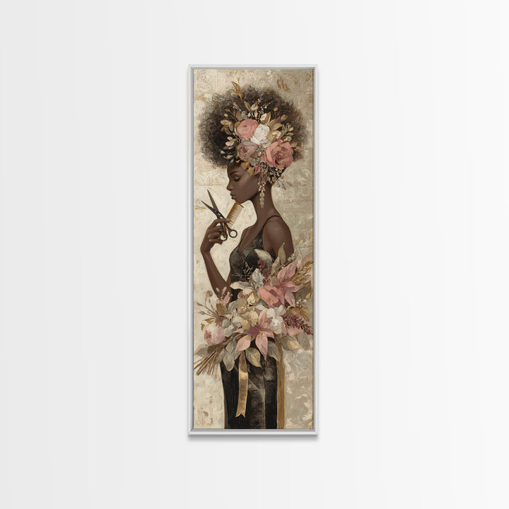 Afro Hair Portrait Canvas Print, Hair Salon Art, Metal Wall Art, Living Room Decor, Fine Art, Style, Black and White Art, HSA-1x3-56