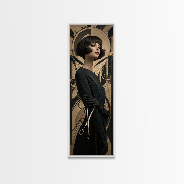Woman with Dramatic Bob Haircut in Art Canvas Print, Hair Salon Art, African Art, Living Room Decor, Oil Painting, Style, HSA-1x3-88
