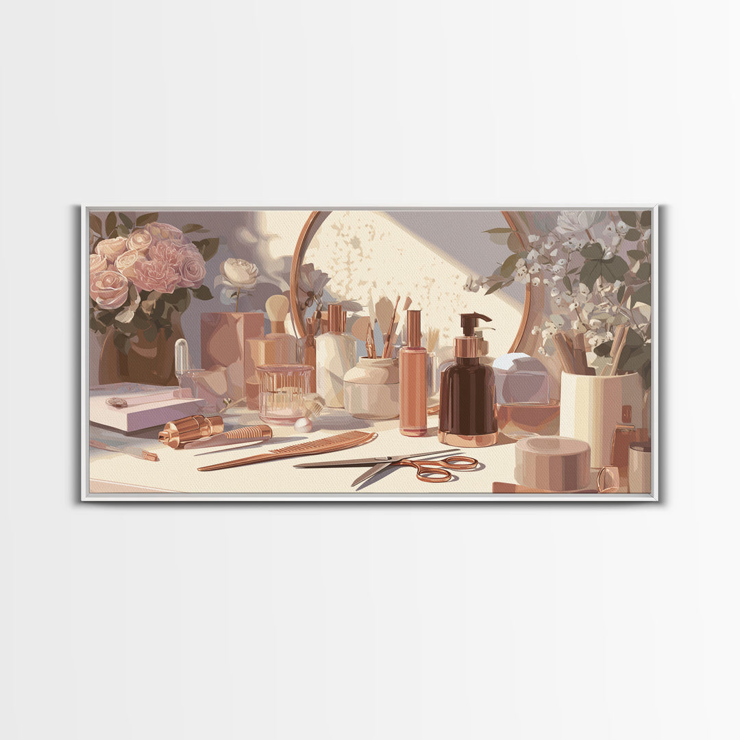 Rose Gold Salon Tool Still Life Framed Canvas Print, Hair Salon Art, Luxury Decor, Living Room Decor, Fine Art, Style, HSA-2x1-10