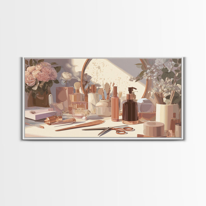 Rose Gold Salon Tool Still Life Framed Canvas Print, Hair Salon Art, Luxury Decor, Living Room Decor, Fine Art, Style, HSA-2x1-10