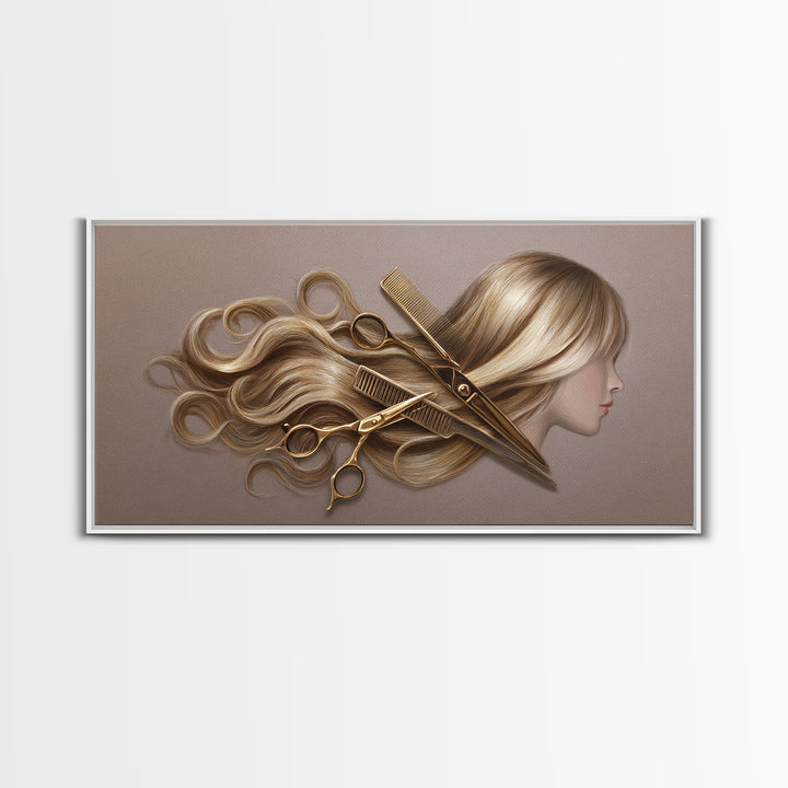 Luxury Black and Gold Beauty Emblem Framed Canvas Print, Hair Salon Art, Fine Art Print, Living Room Decor, Fine Art, Style, HSA-2x1-20