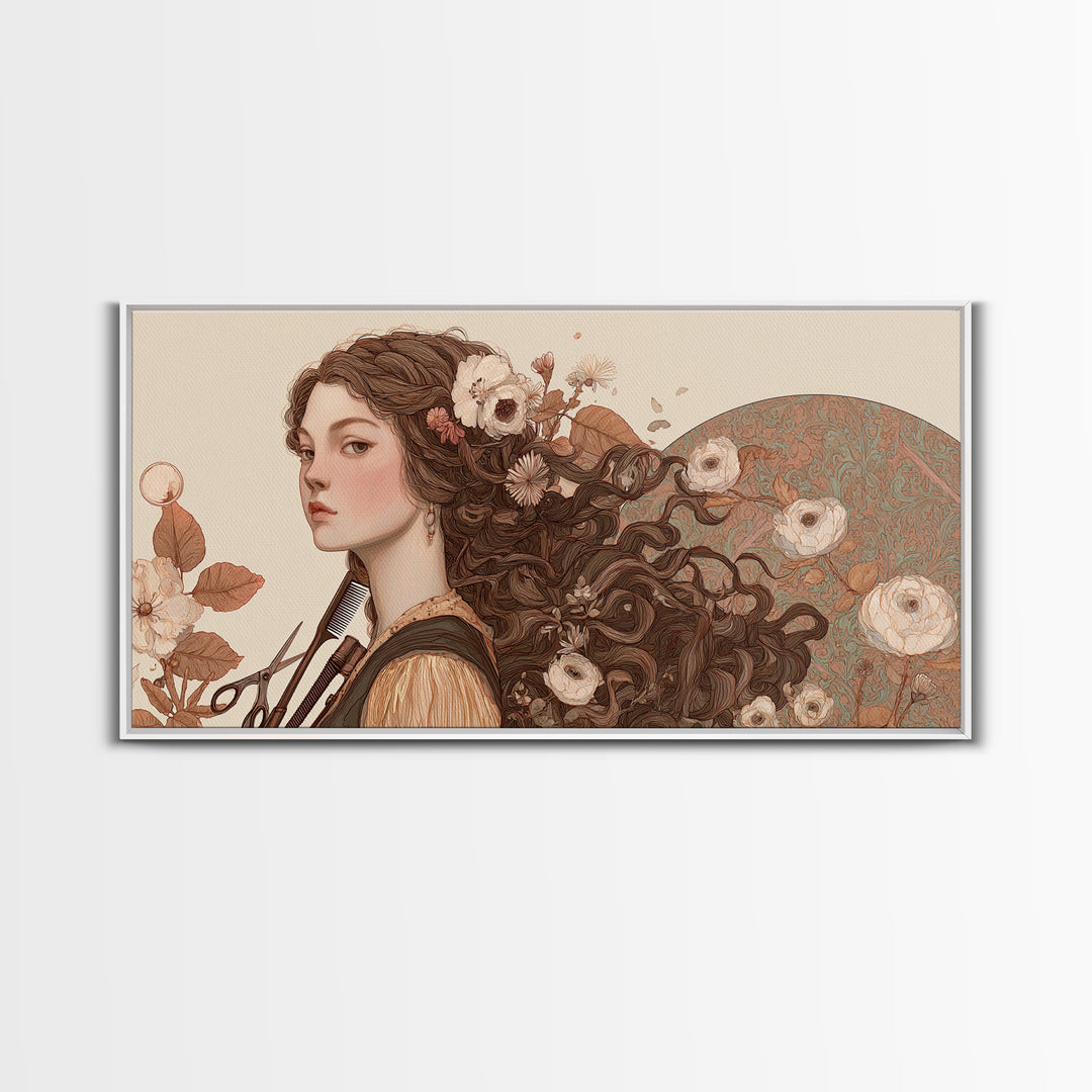 Botanical Hairstyle Portrait Canvas Print, Hair Salon Art, Boho Decor, Living Room Decor, Fine Art, Style, Art Print, HSA-2x1-26