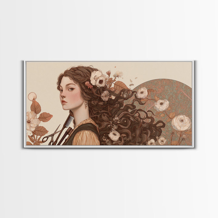 Botanical Hairstyle Portrait Canvas Print, Hair Salon Art, Boho Decor, Living Room Decor, Fine Art, Style, Art Print, HSA-2x1-26