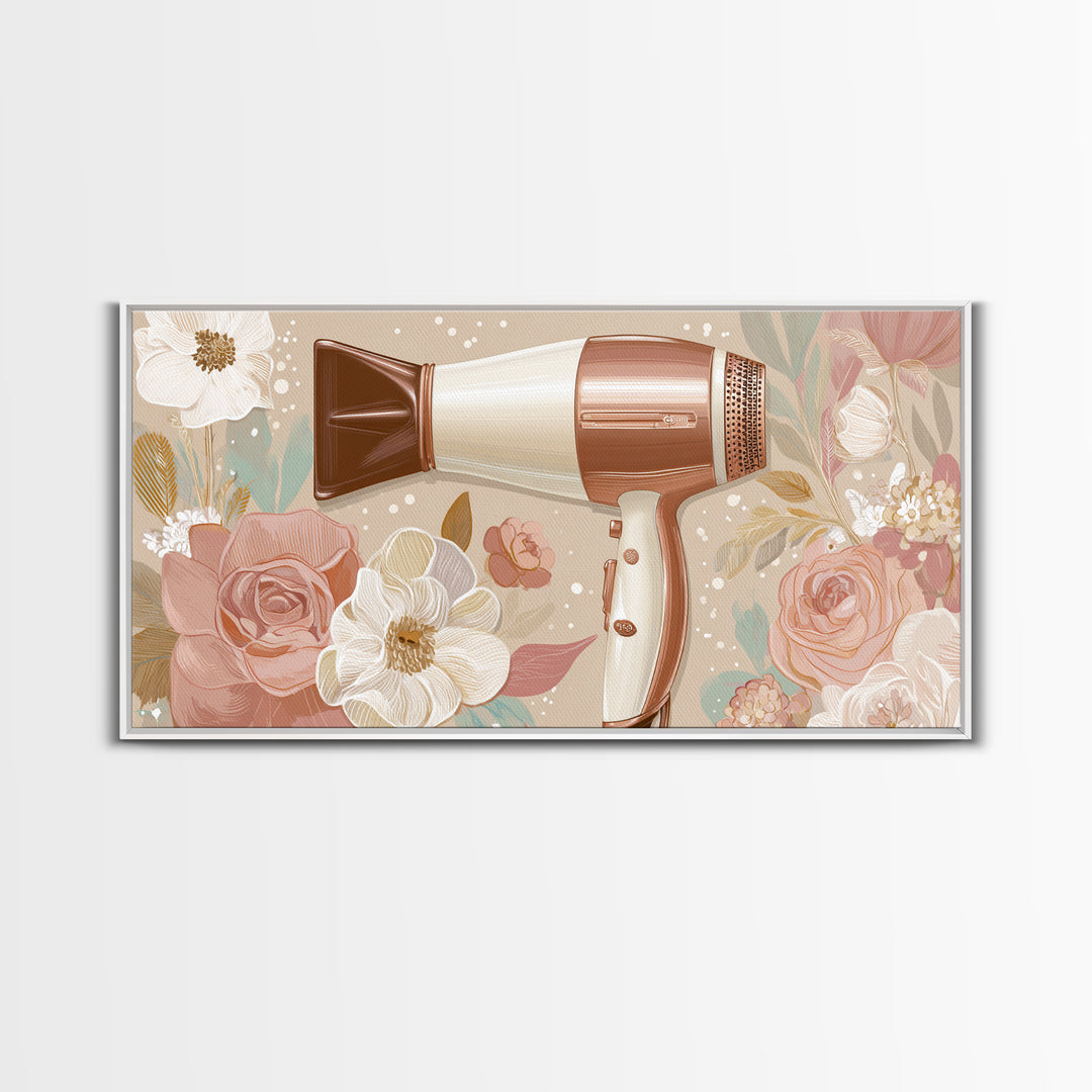 Hairdryer and Brush Framed Canvas Print, Hair Salon Art, Art, Living Room Decor, Watercolor Art, Style, Black Art Prints, HSA-2x1-29