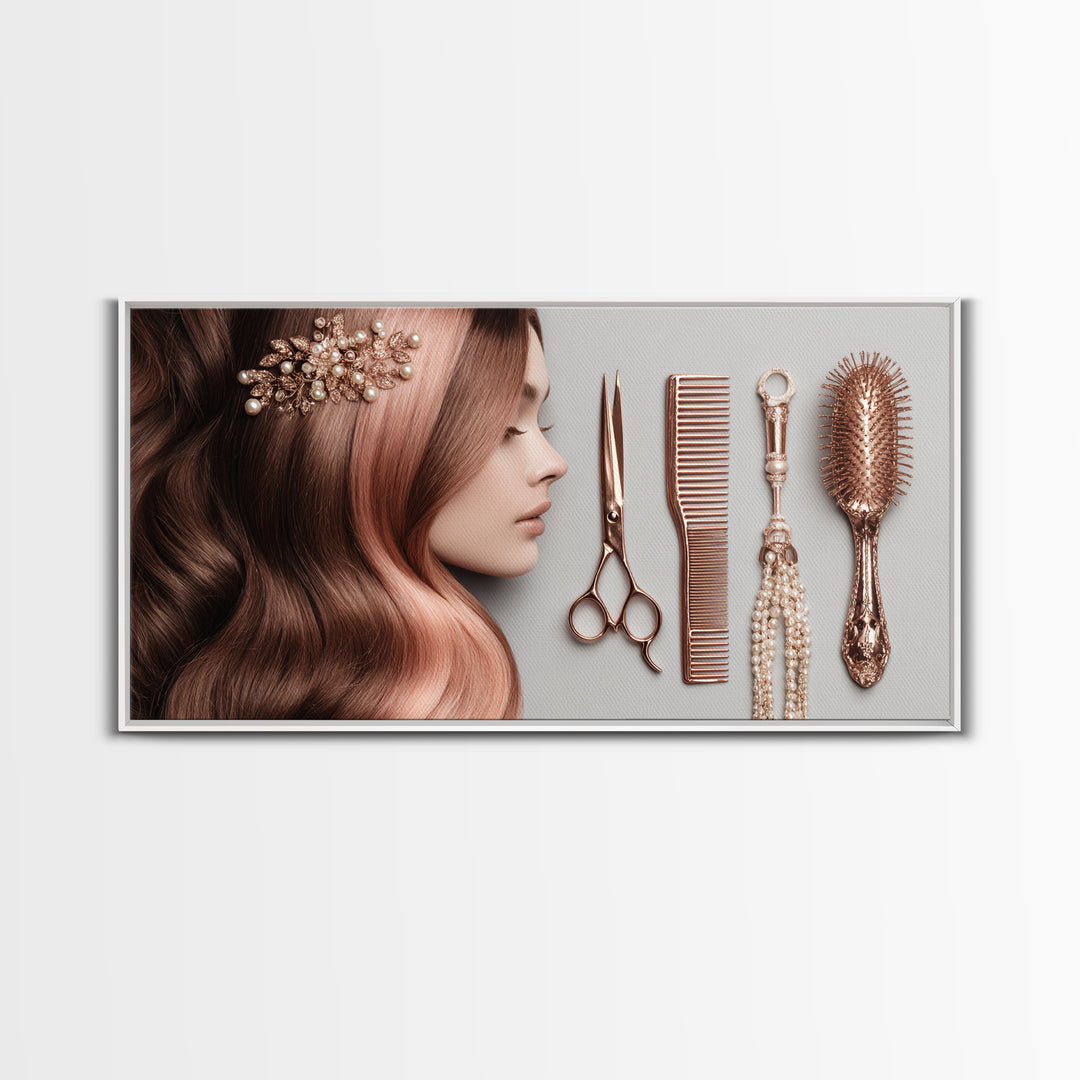 Rose Gold Salon Tool Still Life Framed Canvas Print, Hair Salon Art, Luxury Decor, Living Room Decor, Fine Art, Style, HSA-2x1-34