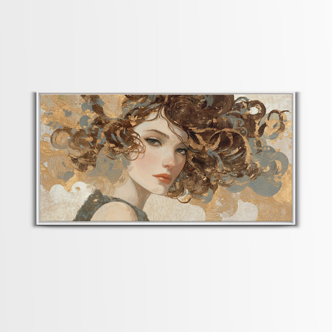Curly Hair Portrait Framed Canvas Print, Hair Salon Art, Living Room Decor, Oil Painting, Style, Printable Art, HSA-2x1-35