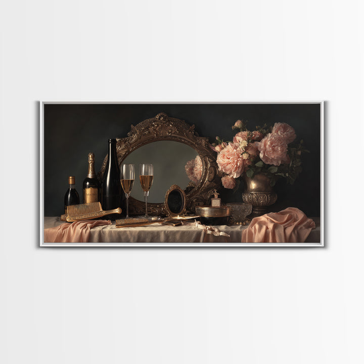 Baroque Mirror and Comb Still Life Framed Canvas Print, Hair Salon Art, Minimalist Decor, Living Room Decor, Fine Art, Style, HSA-2x1-37