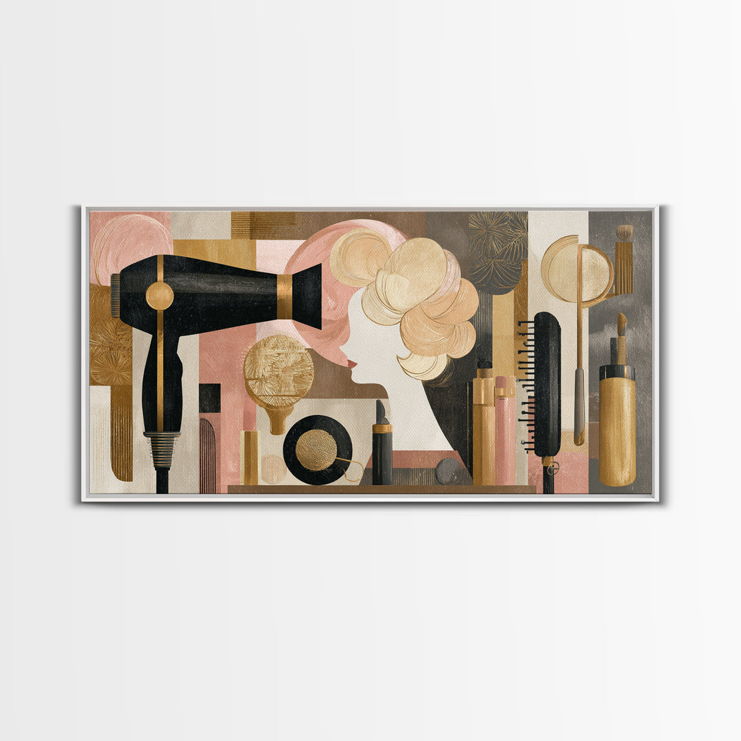 Hairdryer and Brush Framed Canvas Print, Hair Salon Art, Art, Living Room Decor, Watercolor Art, Style, Black Art Prints, HSA-2x1-5