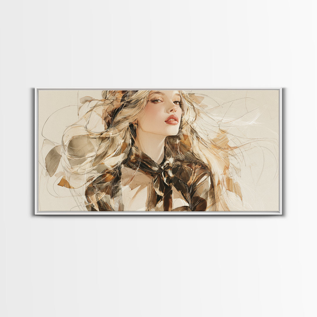 Fashion Portrait with Flowing Glossy Hair Canvas Print, Hair Salon Art, Modern Art, Living Room Decor, Fine Art, Style, HSA-2x1-69