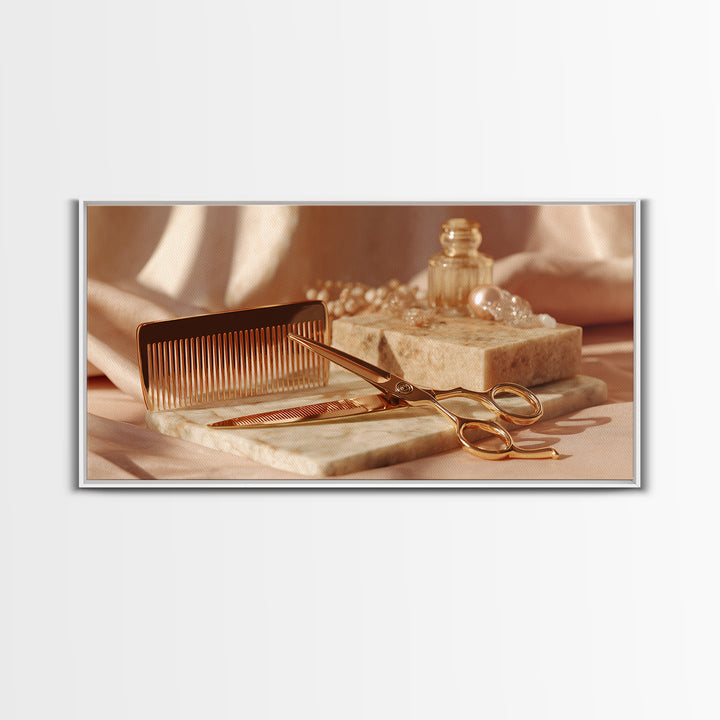 Gold Scissors and Comb Still Life on Canvas Print, Hair Salon Art, Wall Decor, Living Room Decor, Fine Art, Style, African Art, HSA-2x1-70