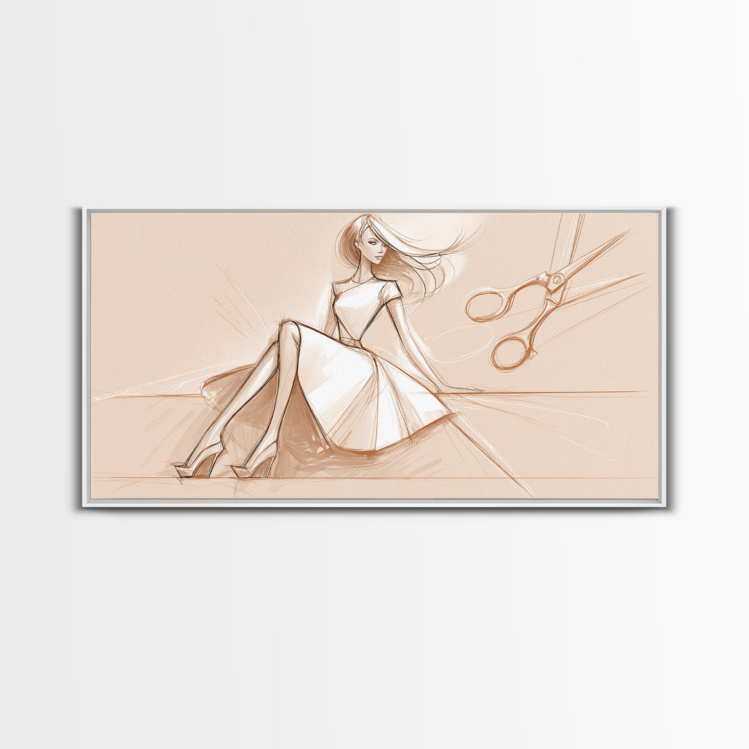Black and White Line Art Salon Figure Framed Canvas Print, Hair Salon Art, Statement Artwork, Living Room Decor, Oil Painting, HSA-2x1-75