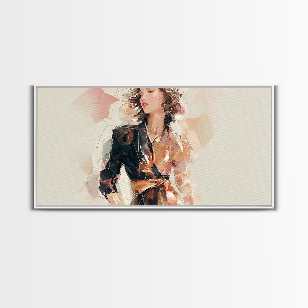 Colorful Fashion Illustration of a Stylish Woman Framed Canvas Print, Hair Salon Art, Black Art, Living Room Decor, Style, HSA-2x1-81