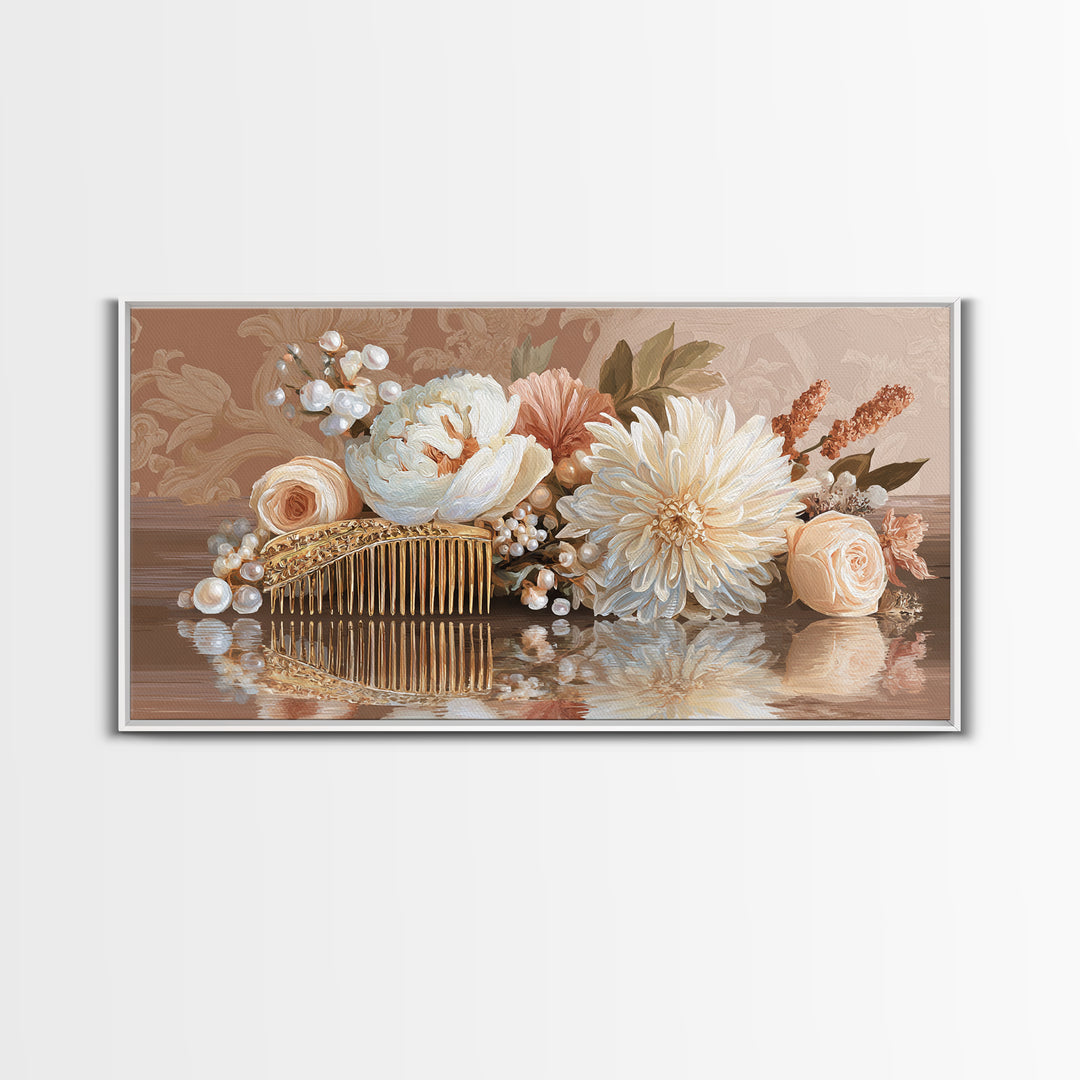 Baroque Mirror and Comb Still Life Framed Canvas Print, Hair Salon Art, Printable Art, Living Room Decor, Fine Art, Style, HSA-2x1-85