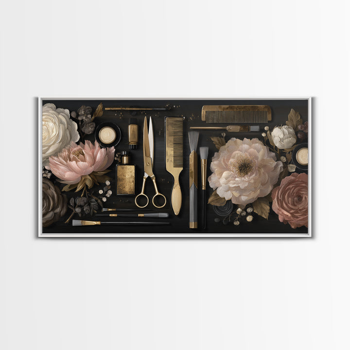 Luxury Black and Gold Beauty Emblem Framed Canvas Print, Hair Salon Art, African American Art, Living Room Decor, Oil Painting, HSA-2x1-92
