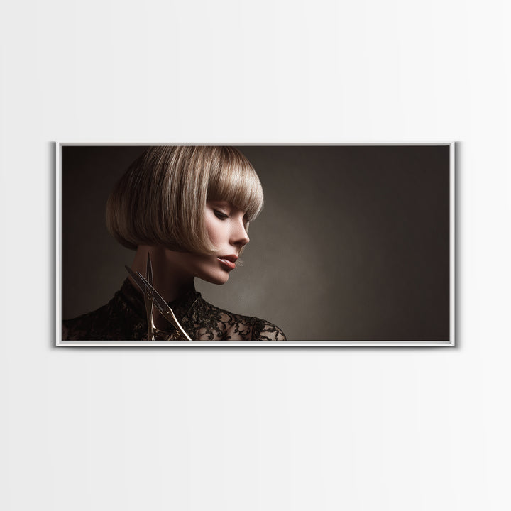Woman with Dramatic Bob Haircut in Art Framed Canvas Print, Hair Salon Art, Black and White Art, Living Room Decor, Style, HSA-2x1-96