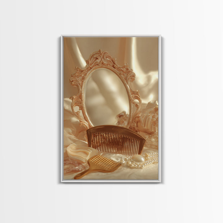 Baroque Mirror and Comb Still Life Framed Canvas Print, Hair Salon Art, Wall Art, Living Room Decor, Fine Art, Style, HSA-2x3-1