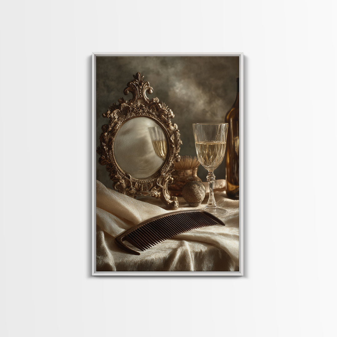 Baroque Mirror and Comb Still Life Framed Canvas Print, Hair Salon Art, Wall Art, Living Room Decor, Fine Art, Style, HSA-2x3-25