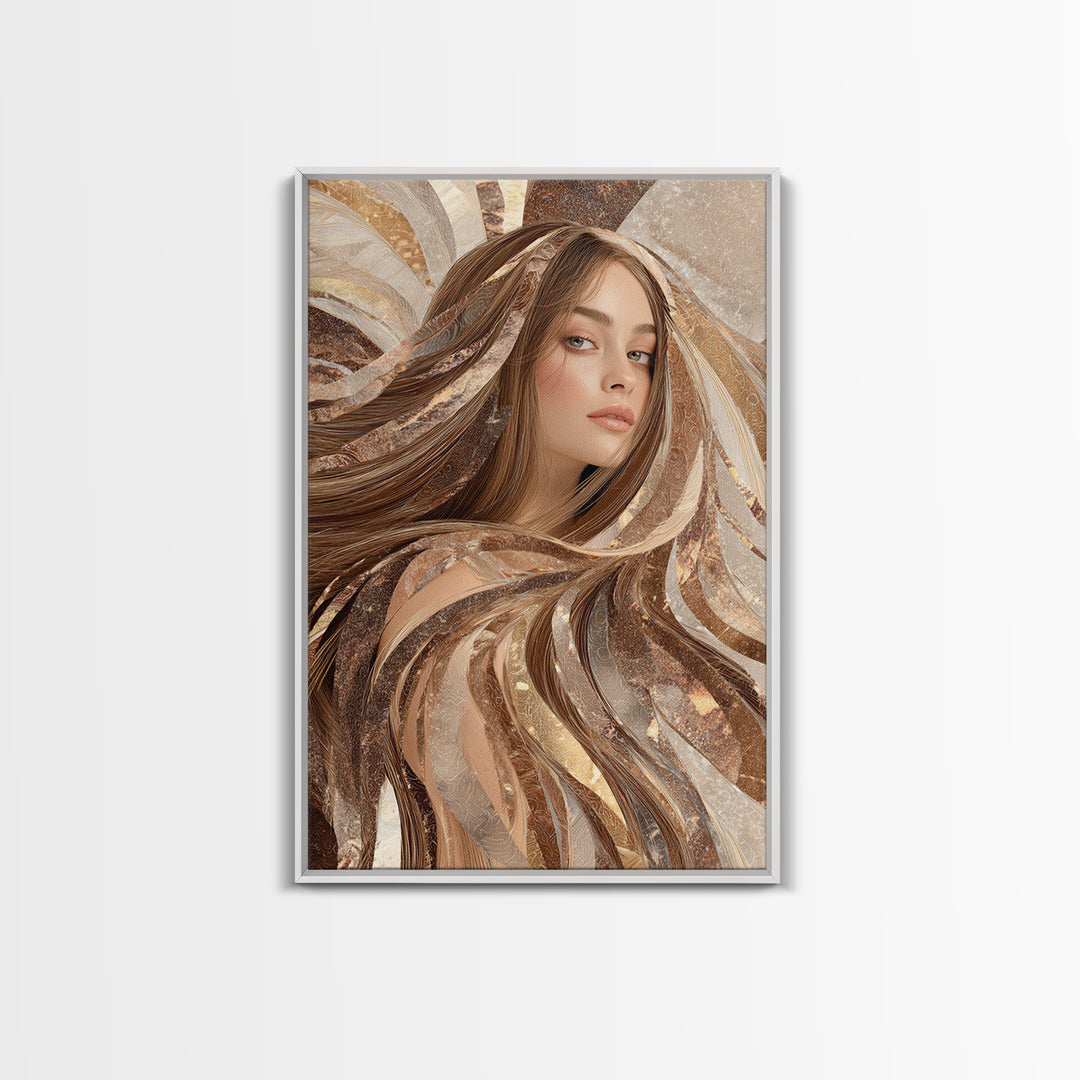 Fashion Portrait with Flowing Glossy Hair Framed Canvas Print, Hair Salon Art, Metal Wall Art, Living Room Decor, Style, HSA-2x3-33