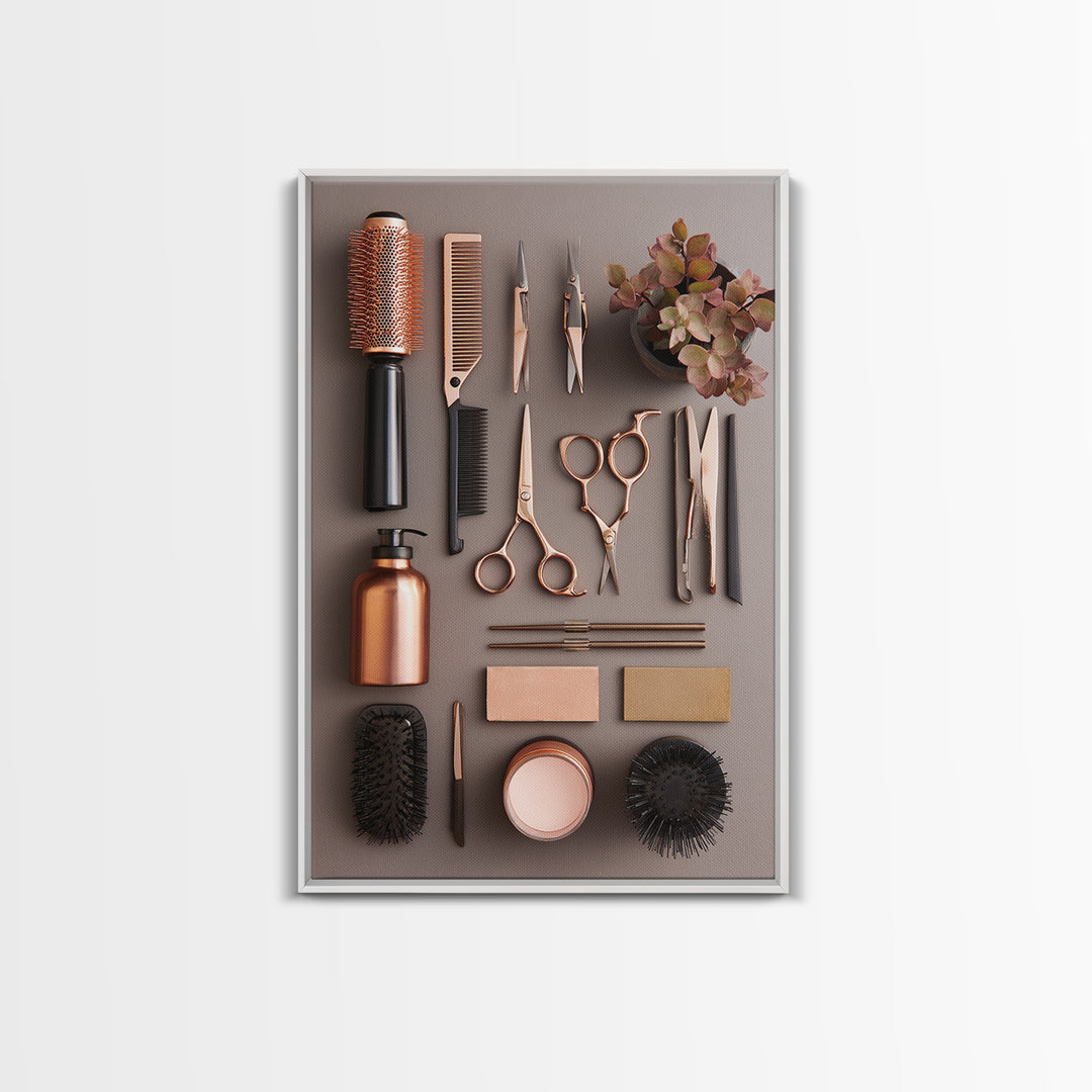 Rose Gold Salon Tool Still Life Framed Canvas Print, Hair Salon Art, Textured Painting, Living Room Decor, Fine Art, Style, HSA-2x3-46