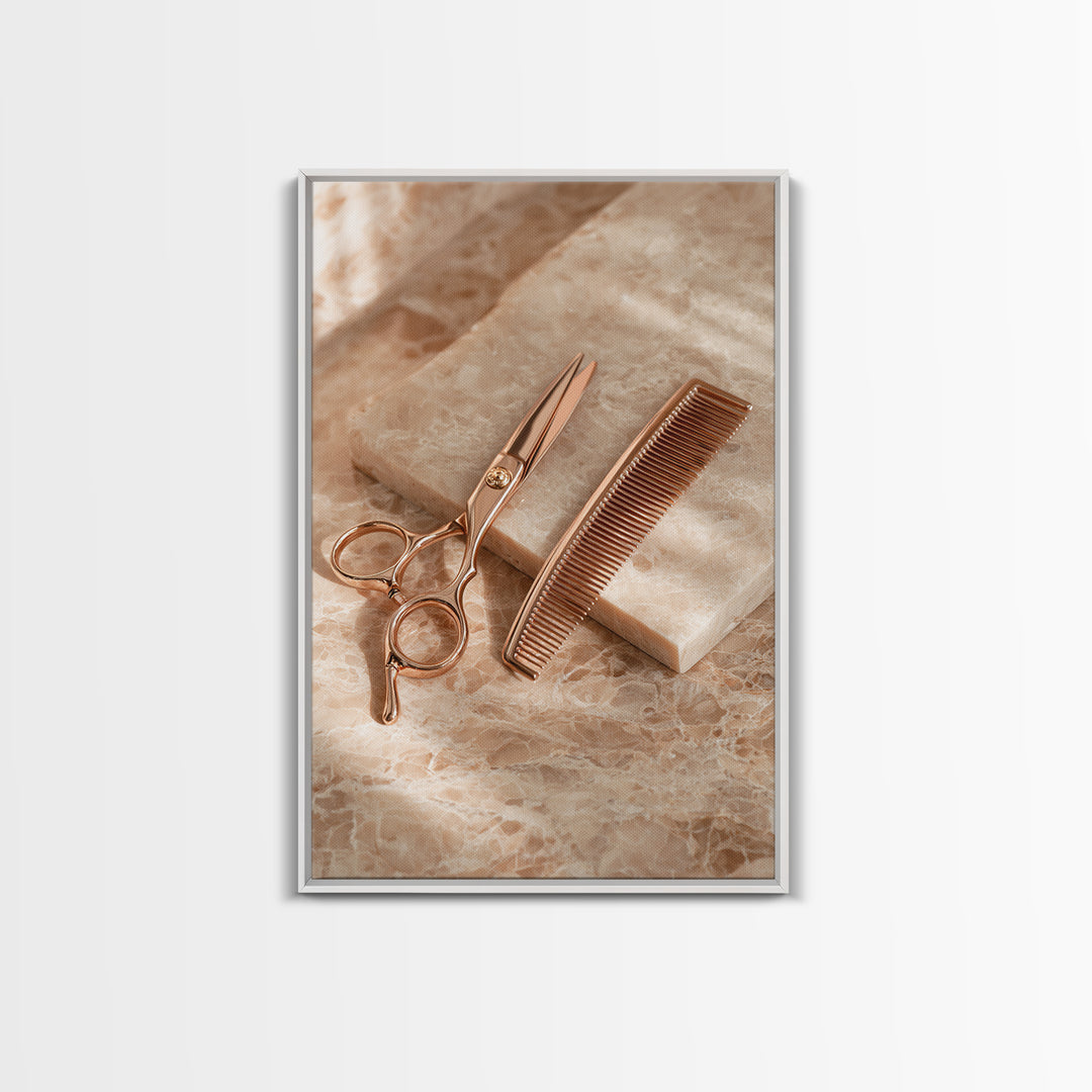 Gold Scissors and Comb Still Life on Canvas Print, Hair Salon Art, Art Print, Living Room Decor, Style, Black Owned Art, HSA-2x3-58