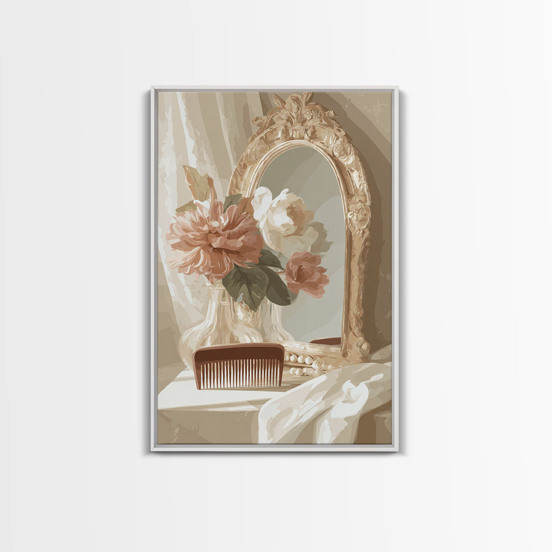 Baroque Mirror and Comb Still Life Framed Canvas Print, Hair Salon Art, Modern Art, Living Room Decor, Fine Art, Style, HSA-2x3-73
