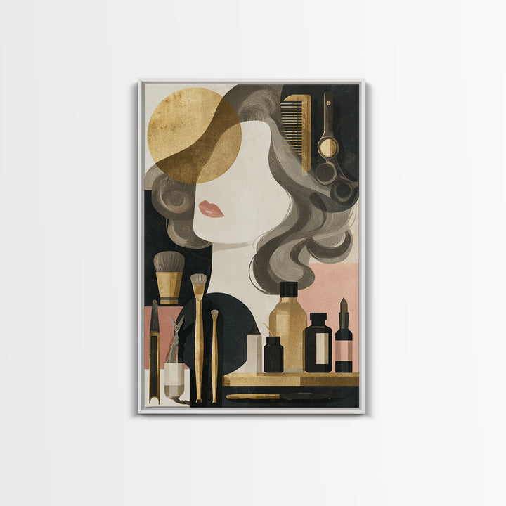 Luxury Black and Gold Beauty Emblem Framed Canvas Print, Hair Salon Art, Living Room Decor, Watercolor Art, Style, HSA-2x3-80