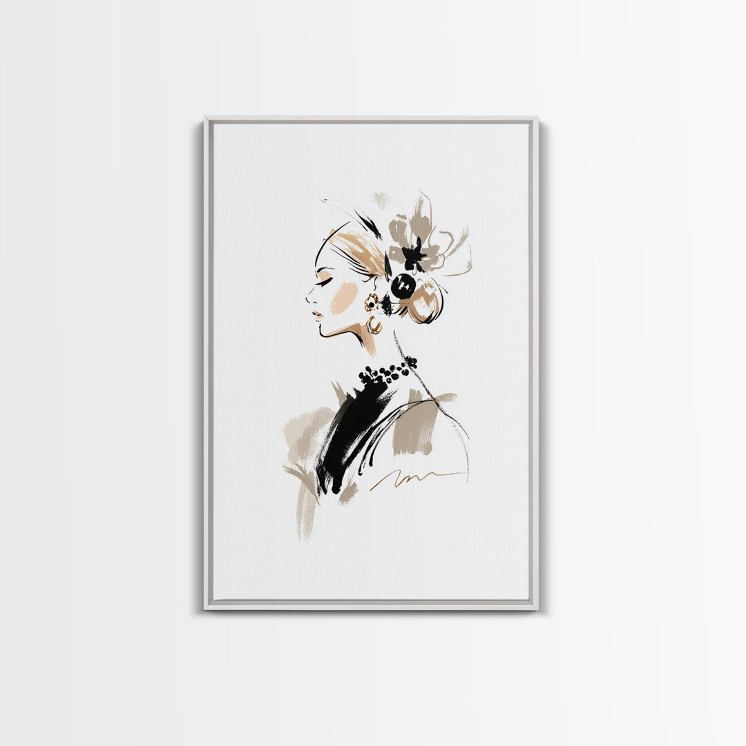 Black and White Line Art Salon Figure Framed Canvas Print, Hair Salon Art, African Art, Living Room Decor, Fine Art, Style, HSA-2x3-87