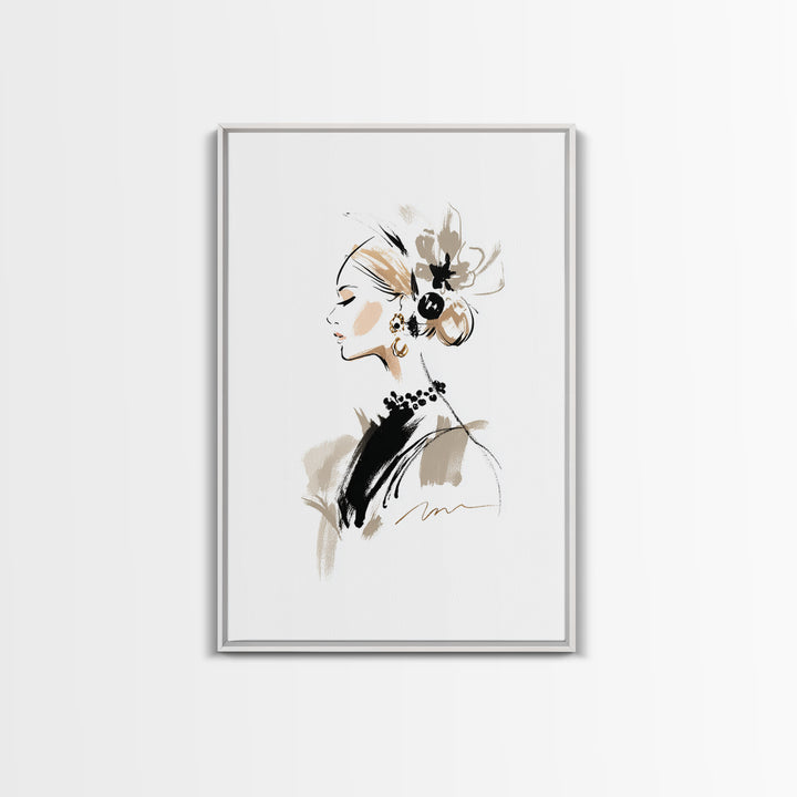 Black and White Line Art Salon Figure Framed Canvas Print, Hair Salon Art, African Art, Living Room Decor, Fine Art, Style, HSA-2x3-87
