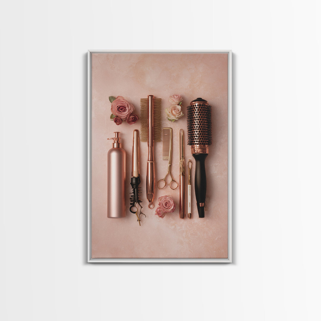 Rose Gold Salon Tool Still Life Framed Canvas Print, Hair Salon Art, Metal Wall Art, Living Room Decor, Fine Art, Style, HSA-2x3-94