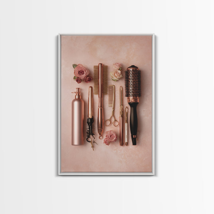 Rose Gold Salon Tool Still Life Framed Canvas Print, Hair Salon Art, Metal Wall Art, Living Room Decor, Fine Art, Style, HSA-2x3-94
