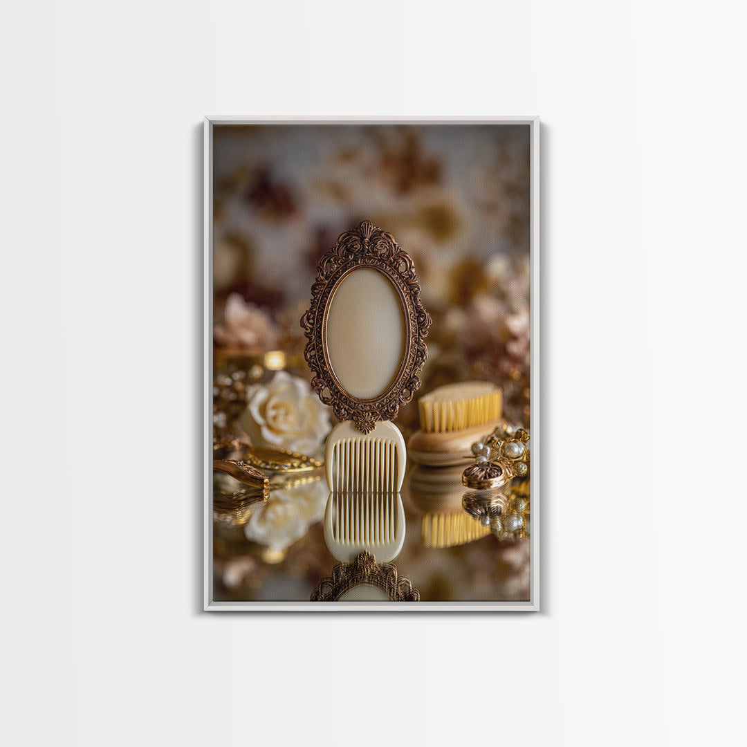 Baroque Mirror and Comb Still Life Framed Canvas Print, Hair Salon Art, Modern Art, Living Room Decor, Fine Art, Style, HSA-2x3-97