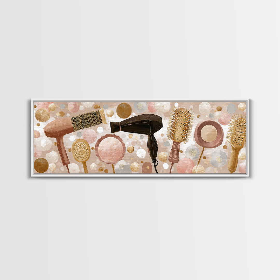 Hairdryer and Brush Framed Canvas Print, Hair Salon Art, African American Art, Living Room Decor, Fine Art, Style, Salon Sign, HSA-3x1-1